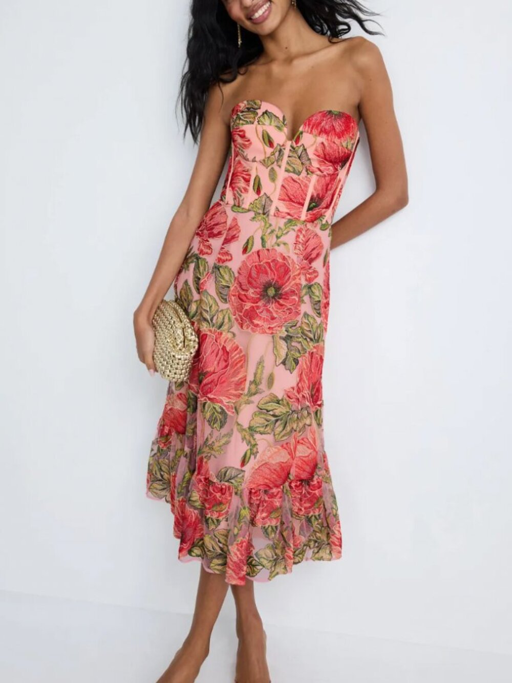 NWT Dress the Population Carina Floral Embroidered Strapless Cocktail Dress Peac